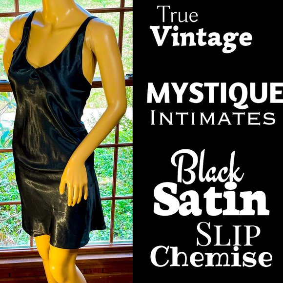 ▪️VTG▪️MYSTIQUE INTIMATES▪️1980's 1990's Retro Black Satin Slip Chemise Nightie - Picture 1 of 6